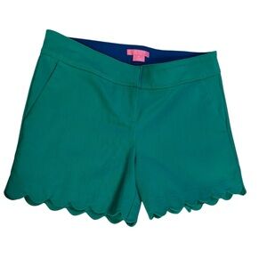 Isaac Mizrahi New York Teal Scalloped Hem Women's Shorts, Pockets, Cotton Blend